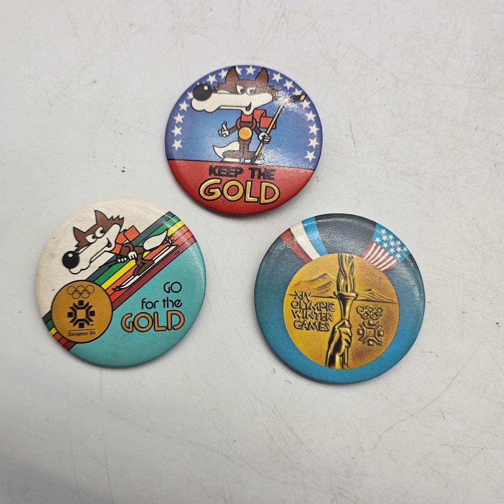 Vintage Sarajevo 1984 Winter Olympics Pinback Buttons Lot of 3 Vucko Mascot
